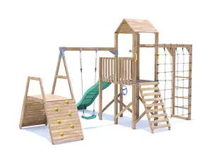 Dunster House Wooden Climbing Frame with Swing, Climbing Wall, Monkey Bars, Cargo Net & Slide BalconyFort High Platform