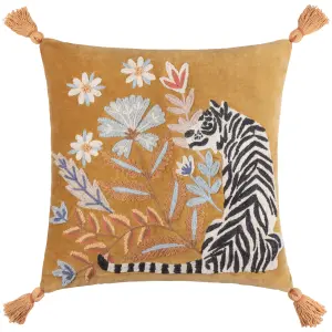 Wylder White Tiger Embroidered Tasselled Feather Rich Cushion