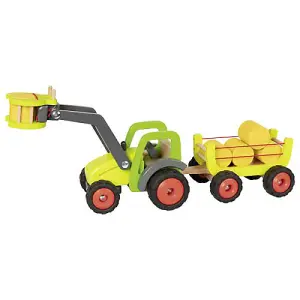 Childrens Wooden Toy Tractor Front-End Loader & Hay Wagon Kids Farm Play Set