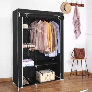 Canvas Wardrobe Organizer Clothes Rail Shelves Storage Closet Double Short - Black