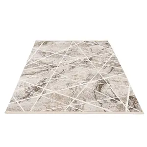 Beige Abstract Marble Bedroom Living Area Rug with Fringing 120x170cm