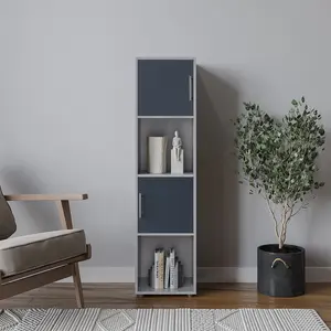 URBNLIVING 119cm Height 4 Cube Bookcase Grey Wooden Door Metal Handle Display Storage Shelf