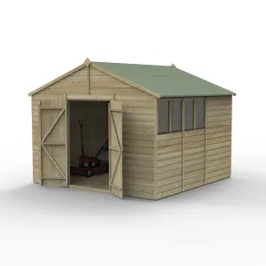 Forest Garden Beckwood Shiplap 10x10 ft Apex Natural timber Wooden Pressure treated 2 door Shed with floor & 4 windows - Assembly service included