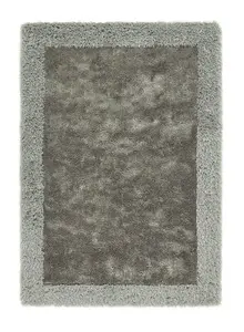 Shimmer Border Silver Shaggy Rug, Handmade Rug, Bordered Rug, Plain Modern Rug for Bedroom, & Dining Room-80cm X 150cm