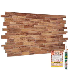 3D Wall Panels with Adhesive - 6 Sheets, 96 x 48 cm each, Covers 2.76 sqm - PVC Cladding with Beige Brown Slim Stone Brick