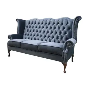 Chesterfield 3 Seater High Back Sofa Amalfi Charcoal Black Velvet Fabric In Queen Anne Style