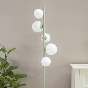 ValueLights Marlow Sage Green 5 Way Floor Lamp with Glass Globe Lampshade Light - LED Bulbs Included