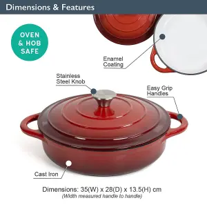 Blackmoor 67619 28cm Red Cast Iron Low Casserole Dish With Lid