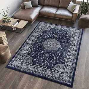 Wadan 60x220 cm Navy Blue Tabriz Royal Rug, 10mm Soft Pile Oriental Rug, Washable Area Rugs, Royal Tabriz Rug for Home and Office