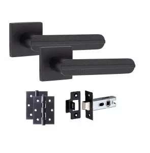 6 Pair Modern Lima Design Matt Black Premium Door Handles Square Rose 3" Ball Bearing Hinges and 2.5" Tubular Latch - Golden Grace