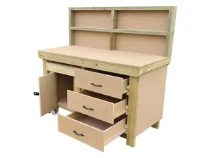 Wooden MDF top workbench with drawers and functional lockable cupboard (V.6) (H-90cm, D-70cm, L-150cm) with back