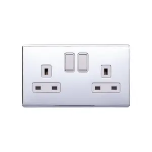 Lieber Polished Chrome 13A 2 Gang Switched Socket, Double Pole - White Insert Screwless