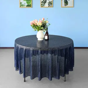 Neel Blue 90 Inch Round Sequin Tablecloth, Navy