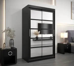 Roma II Black Modern Sliding Door Wardrobe H2000mm W1200mm D620mm with Mirrored Panels