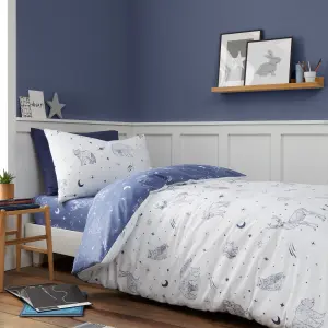 Bianca Brushed Starlight Animals Reversible Cotton Duvet Cover Set with Pillowcase White/ Blue