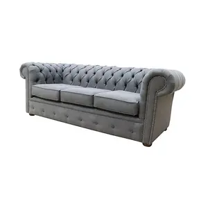 Chesterfield Handmade 3 Seater Bacio Smoke Grey Fabric Sofa In Classic Style