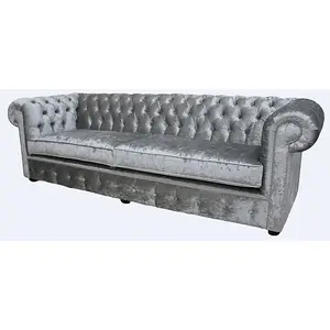 Chesterfield 4 Seater Sofa Settee Modena Silver Grey Velvet Fabric In Classic Style