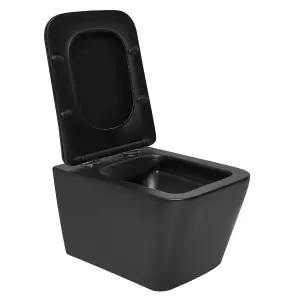 Square Hidden Fixation Wall Hung Rimless Toilet WC Pan & Soft Close Slim Seat - Black