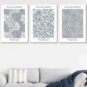 Set of 3 Framed Blue William Morris Vintage Floral / 50x70cm / White