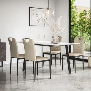 Haydon Extending Dining Table + Chairs- White Marble Effect Table Top w Black Legs + 4 Monza Faux Leather Dining Chairs (Beige)