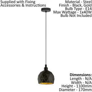 Pendant Ceiling Light Black Powder Coated Inside Gold Cut Out Shade Bulb E14 1x40W