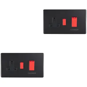 2 PACK 45A DP Oven Cooker Switch & 13A Switched Socket SCREWLESS MATT BLACK