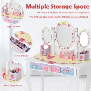 Costway Kids Vanity Table Chair Set Children Makeup Dressing Table w/ Tri-fold Mirror