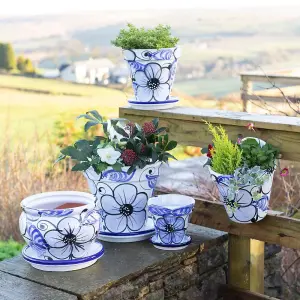 Blue Flowers Hand Painted Set of 2 Outdoor Bola Pots & Drainage Plates (D) 25cm