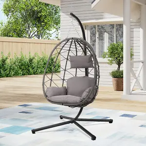 Grey Foldable Single Egg Chair Hanging Basket with Stand and Seat Cushion