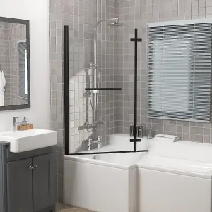 Rinse 810x1400mm Square Bath Shower Screen Bifold 6mm Safety Glass Easy Clean Panel Frameless Pivot Screen Black with Towel Rail