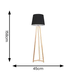 ValueLights Lottie Natural Wood Tripod Floor Lamp with Black Tapered Shade - LED Bulb Included