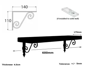 Wooden Shelf with Bracket WOZ 140x110mm Silver 175mm Burnt Length of 60cm