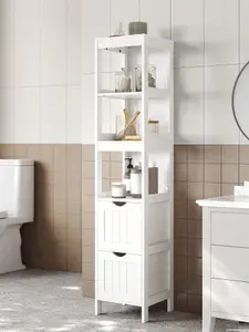 VASAGLE Tall Bathroom Cabinet With Feet And Slim Column With 2 Drawers And 3 Open Compartments, 30 X 30 X 141.5 Cm, White