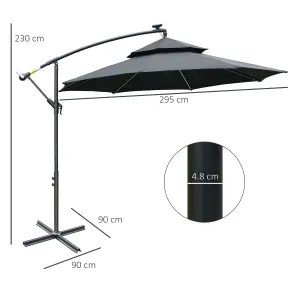 Outsunny 3(m) Cantilever Parasol Hanging Banana Umbrella w/ lights, Black