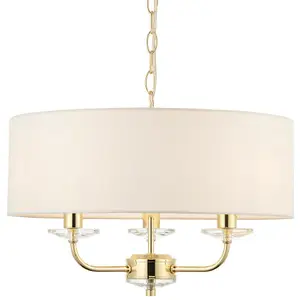 Multi Light Ceiling Pendant 3 Bulb BRASS & WHITE Chandelier Large Shade Lamp