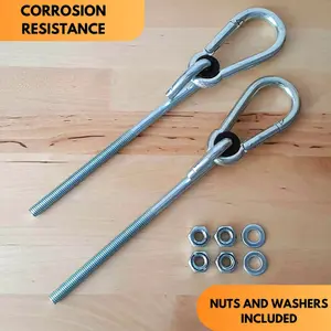 Pair of Galvanized Steel Screw Hooks 150mm Long M10 with Stainless Steel Carabiner, Nuts and Washers - Outdoor Garden Swing Hooks