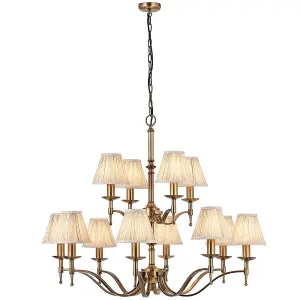 Avery Ceiling Pendant Chandelier Light 12 Lamp Antique Brass & Beige Pleat Shade