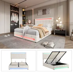 Upholstered bed, Hydraulic Bed, Adults Teenagers Double Bed, with 7colors LED-light strips, Velvet+Iron, 135x190cm,Beige