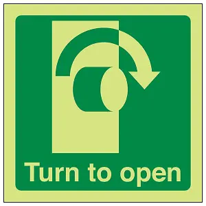 Turn To Open Clockwise Door Sign - Glow in the Dark - 100x100mm (x3)