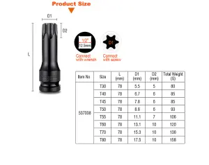 HARDEN 537038,, 1/2" impact torx bits sockets set 8 pcs sizes T30-T80mm