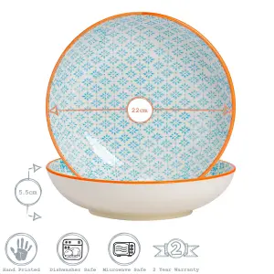 Nicola Spring - Hand-Printed Pasta Bowls - 22cm - Blue - Pack of 6