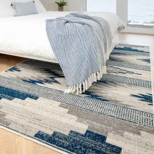 Navy Blue Grey Tribal Geometric Low Pile Soft Living Area Rug 60x110cm