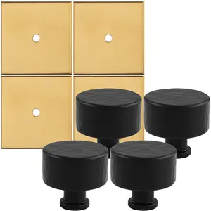 4 PACK - Cabinet Door Knob & Contrasting Backplate Set - Hammered Kitchen Pull - Matt Black & Satin Brass