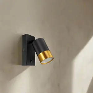 CGC PUZON Black & Gold GU10 Adjustable Single GU10 Indoor Spotlight Wall Light with Switch