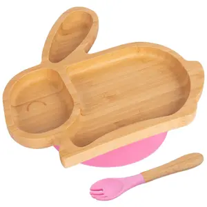 Bamboo Rabbit Baby Weaning Plate & Fork Set - Pink