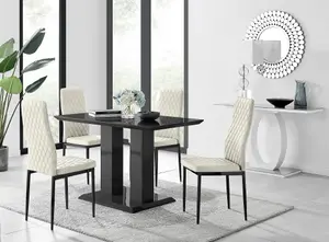 Furniturebox Imperia 4 Modern Black High Gloss Dining Table and 4 Cream Velvet Milan Black Leg Chairs