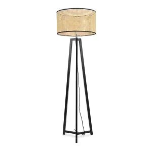 ValueLights Lottie Black Wood Tripod Floor Lamp with Natural Cane Rattan Drum Shade - LED Bulb Included