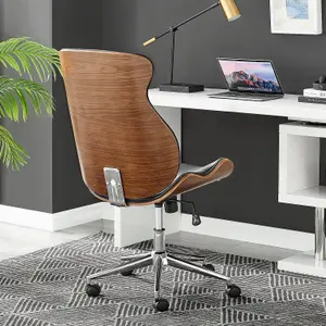 Furniturebox Parker Black Faux Leather Moulded Wooden Back Mid Century Computer Desk Office Gaming Wheeled Adjustable Swivel Chair