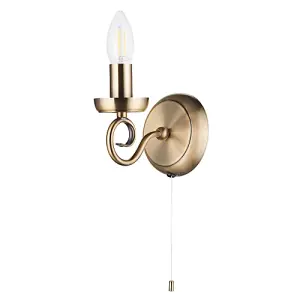 Traditional Antique Brass Wall Light Fitting with Scroll Arm and Pull Switch