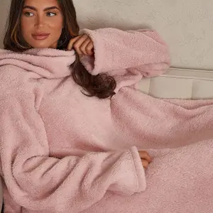 Teddy Fleece Blanket with Sleeves Wearable Throw